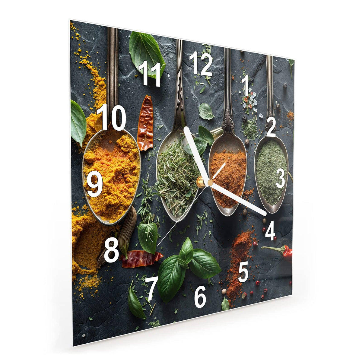 Vormontiert – mit Schwebeeffekt – Wanduhr Kräuter Gewürze aus Glas – Quadratisch 30 × 30 cm