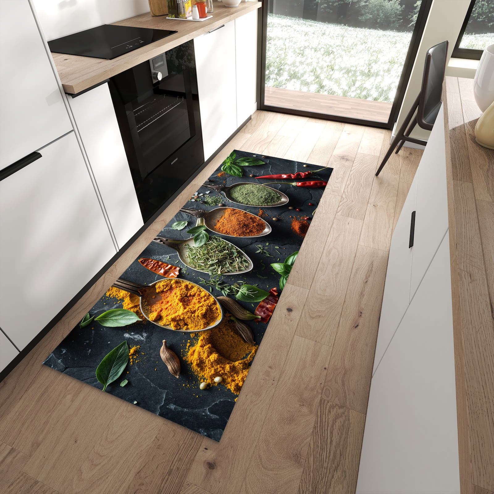 Pflegeleichter Küchenläufer mit Motiv Kräuter Gewürze in moderner Küche