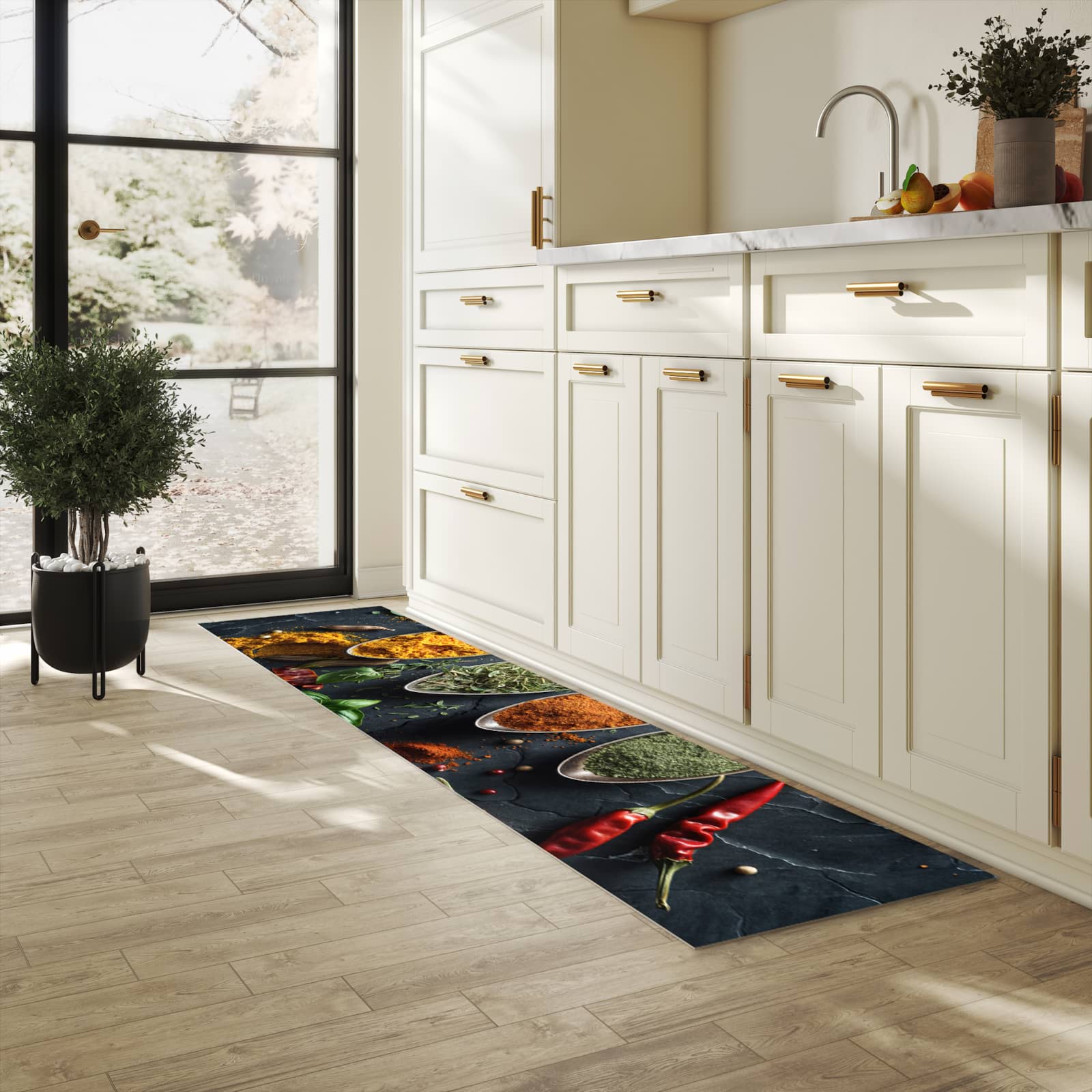 Fleckenresistenter Küchenläufer mit Motiv Kräuter Gewürze in heller Küche
