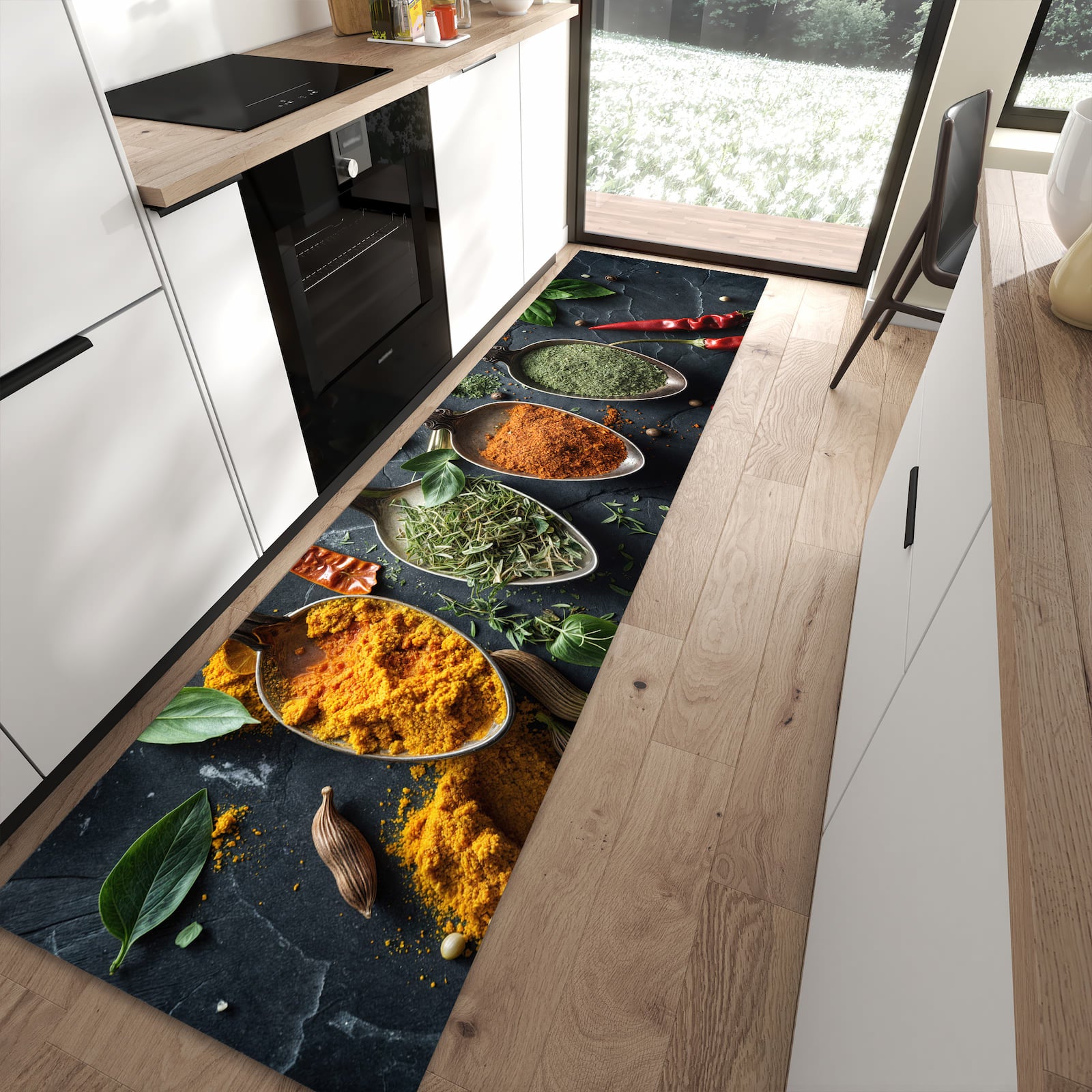 Strapazierfähiger Küchenvorleger mit Motiv Kräuter Gewürze in moderner Küche