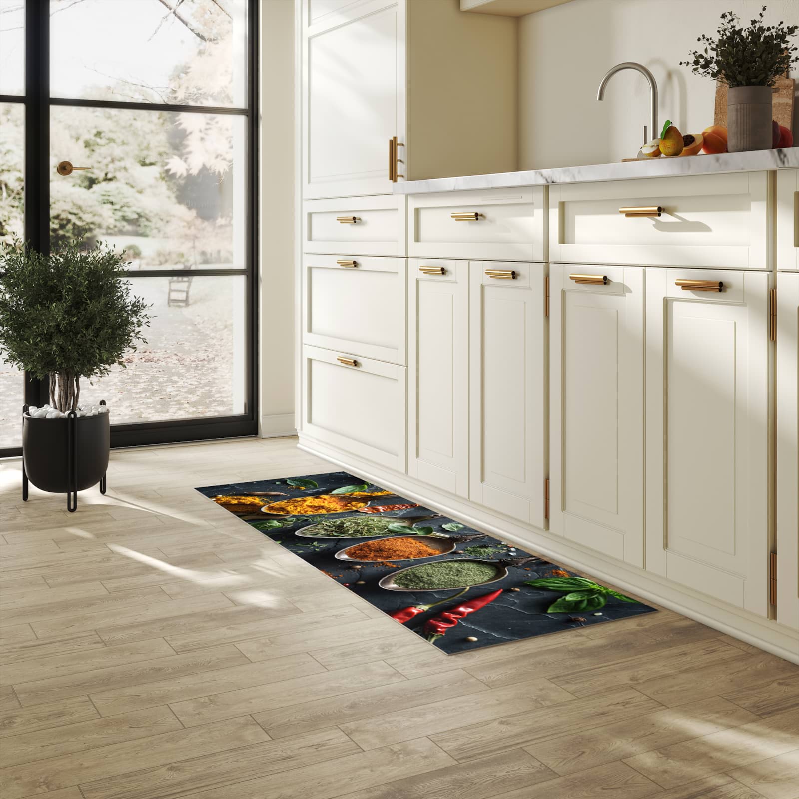 Komfortabler Küchenläufer mit Motiv Kräuter Gewürze in heller Küche