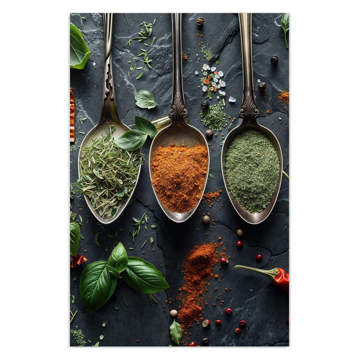 Vier verzierte Silberlöffel mit Kurkuma, Thymian, Paprika und Kräutern auf dunklem Schiefer