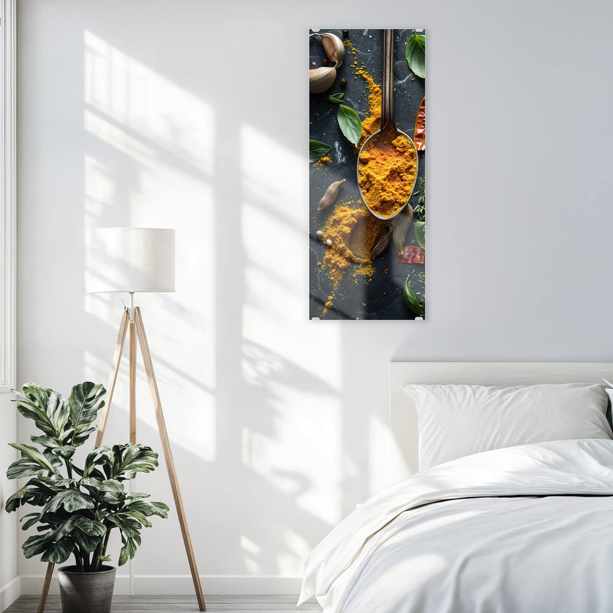 Glasbild Gewürze auf Schiefer an der Wand – Vier verzierte Silberlöffel mit Kurkuma, Thymian, Paprika und Kräutern auf dunklem Schiefer