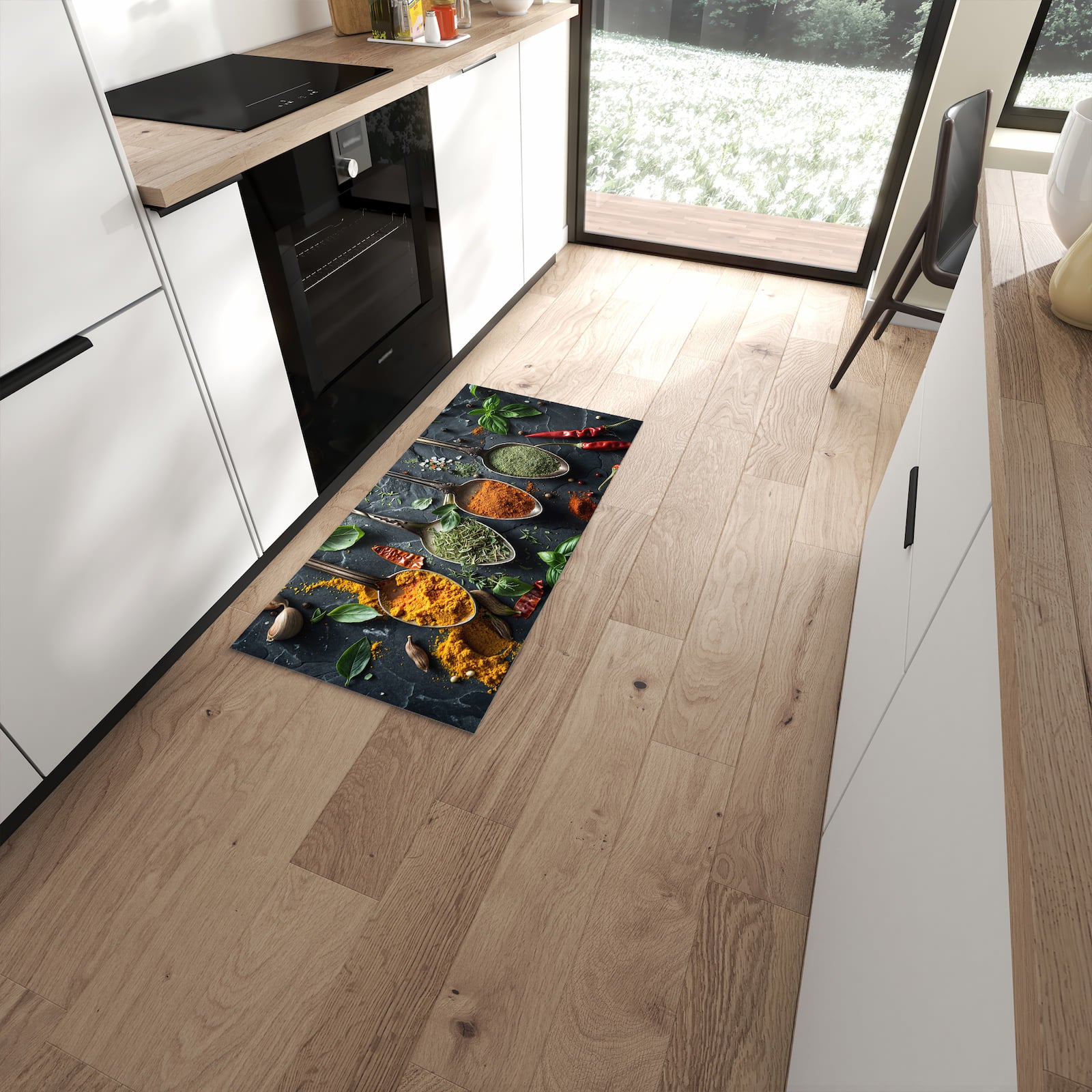 Schmutzabweisender Küchenteppich mit Motiv Kräuter Gewürze in moderner Küche #grösse_60 x 120 cm