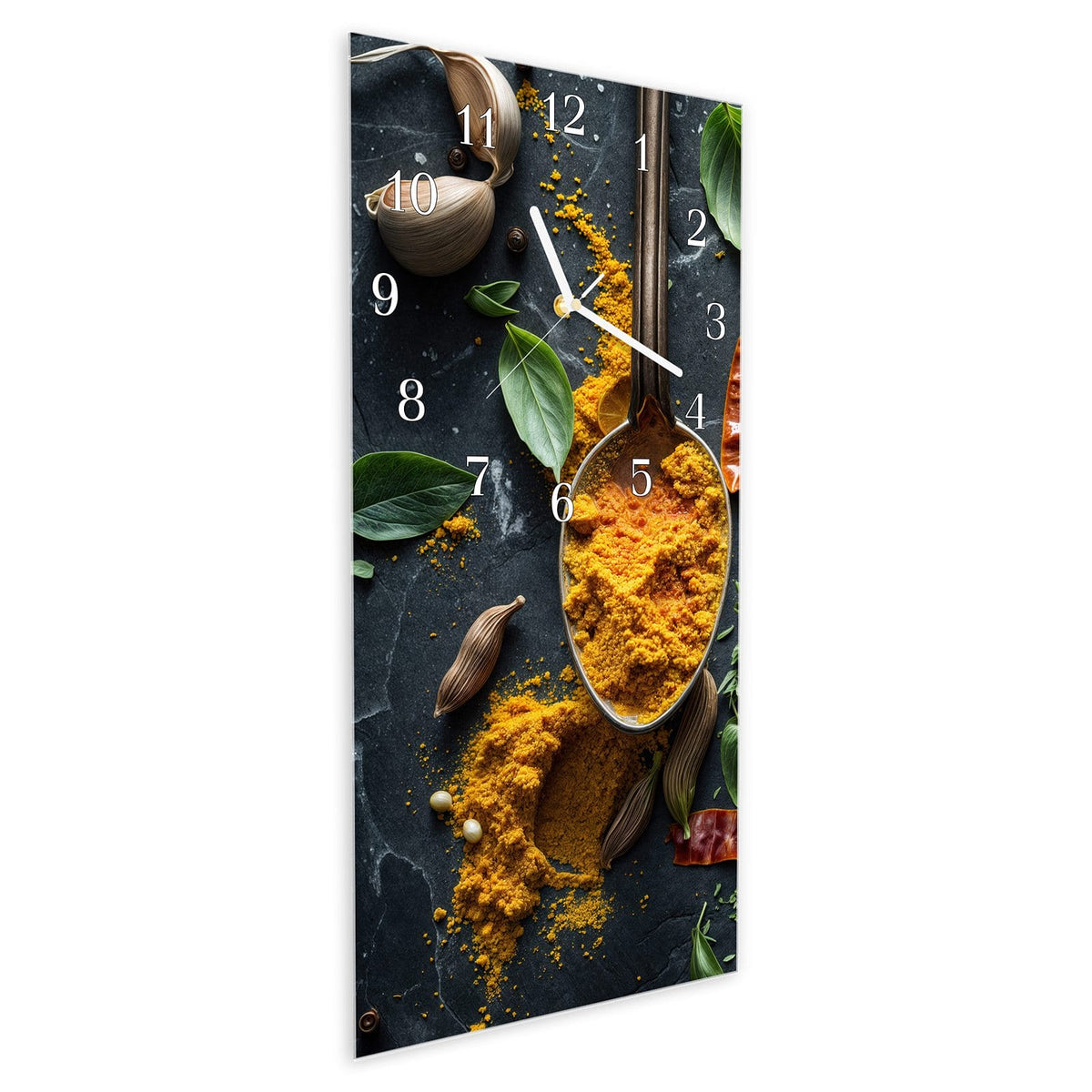 Vormontiert – mit Schwebeeffekt – Wanduhr Kräuter Gewürze aus Glas – Hochformat 30 × 60 cm