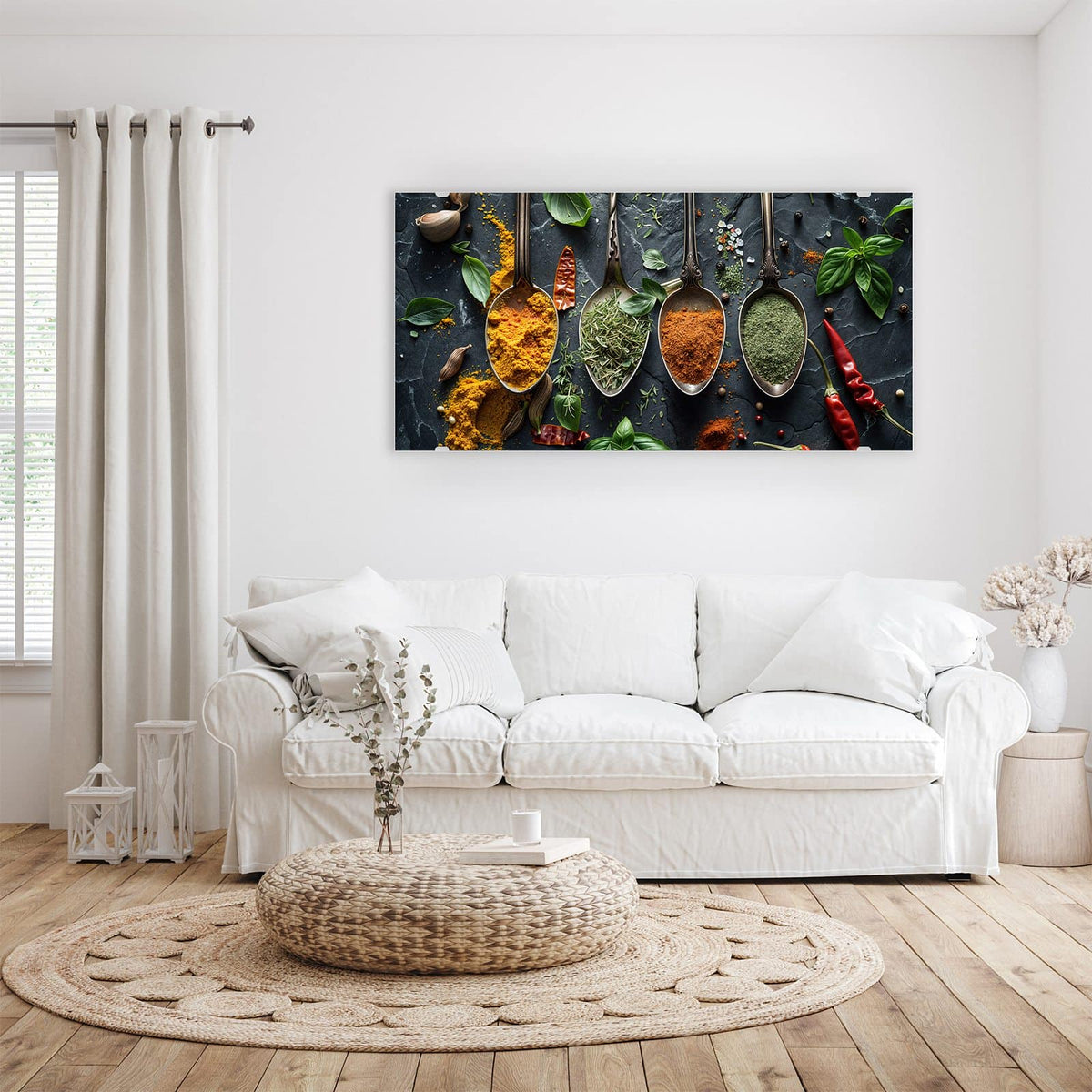 Wandbild - Gewürze auf Schiefer - Querformat – Verzierte Löffel mit Kurkuma und Paprika