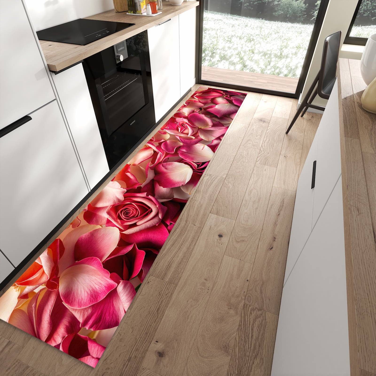 Sicherer Küchenläufer mit Motiv Rosenblätterbuntes Spiel in moderner Küche