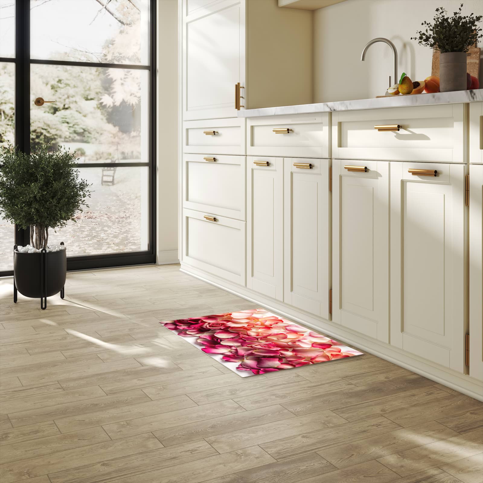 Küchenteppich mit Motiv Rosenblätterbuntes Spiel für Ordnung & Übersicht in heller Küche