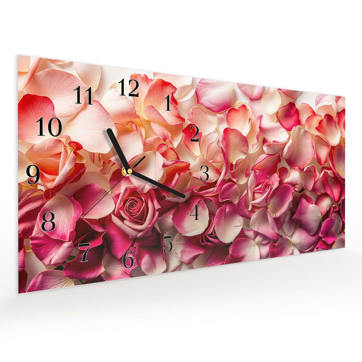 Vormontiert – mit Schwebeeffekt – Wanduhr Rosenblätter Farbenspiel aus Glas – Querformat 60 × 30 cm