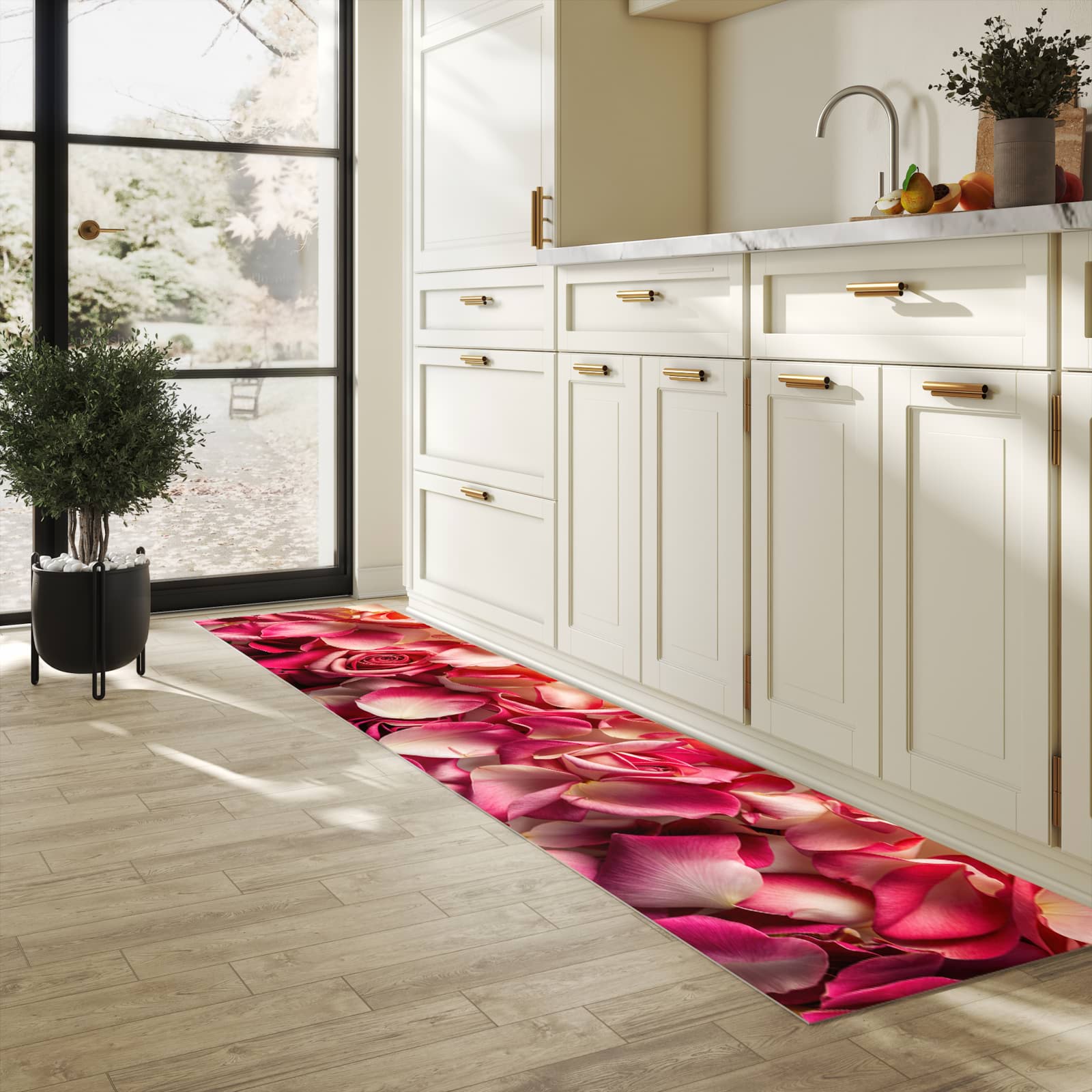 Bodenschonender Küchenteppich mit Motiv Rosenblätterbuntes Spiel in heller Küche