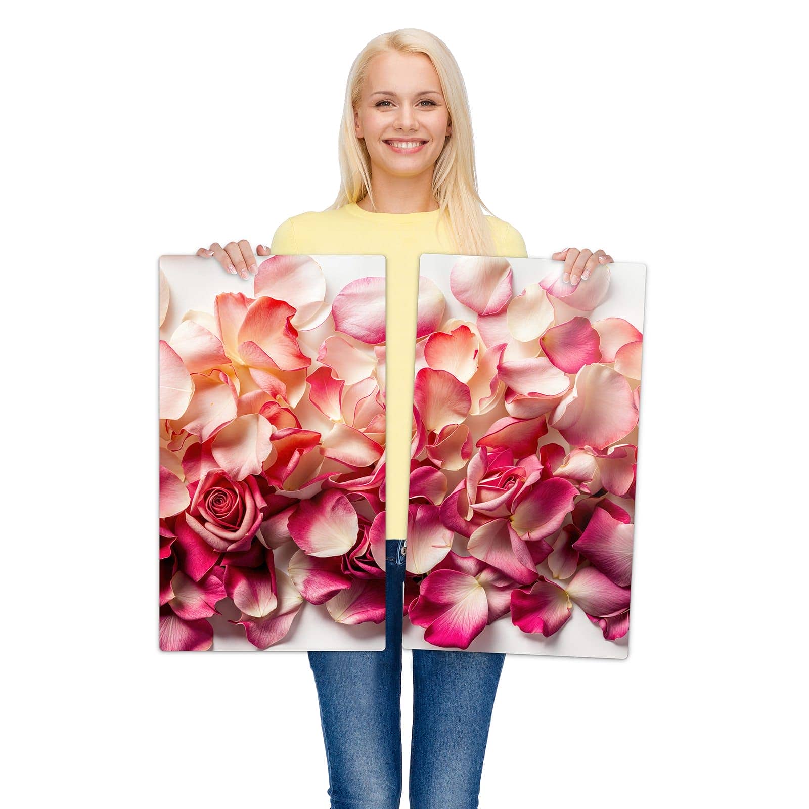 2-teilige Glasabdeckplatte für Ceranfeld mit Rosenblätter Farbenspiel-Motiv wird zur Größendarstellung gehalten