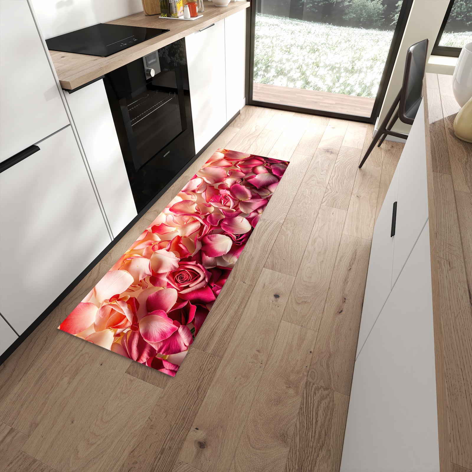 Bodenschonender rutschfester Küchenläufer mit Motiv Rosenblätterbuntes Spiel in moderner Küche