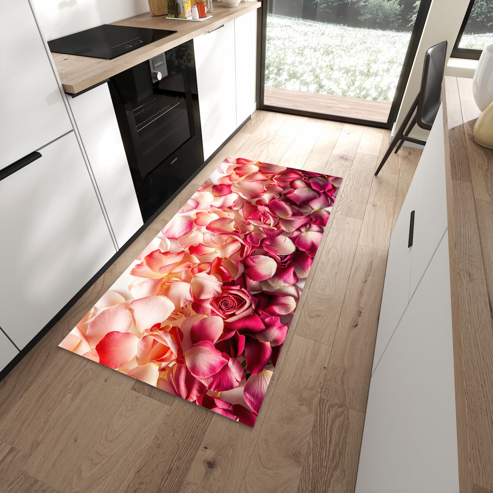 Wasserabweisender Küchenteppich mit Motiv Rosenblätterbuntes Spiel in moderner Küche