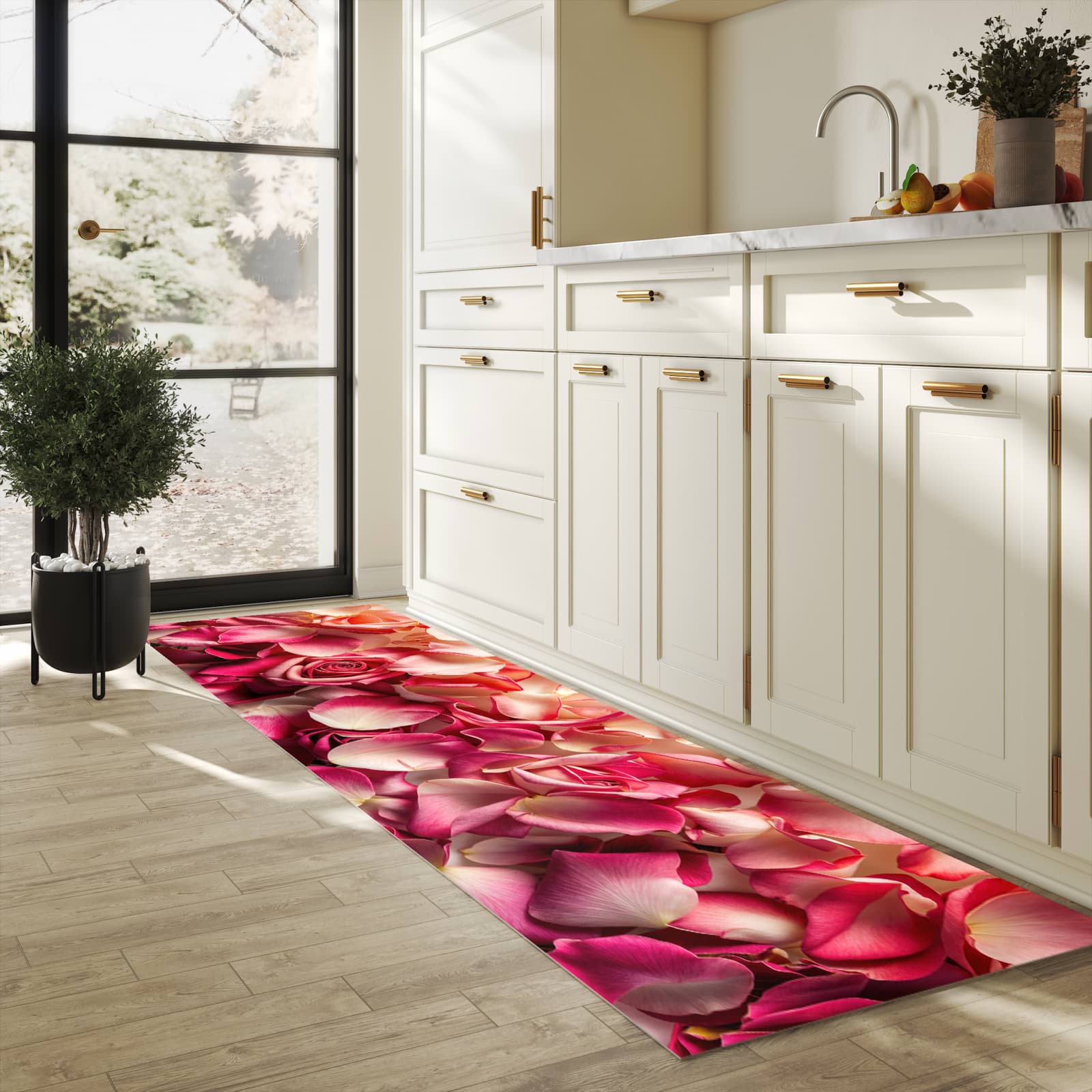 Waschbarer Küchenteppich mit Motiv Rosenblätterbuntes Spiel in heller Küche für sichere Aufbewahrung