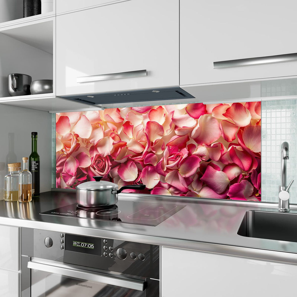 Küchenrückwand Rosenblüten in Pink aus Glas – Dicht gelegte Rosenblätter in Pink