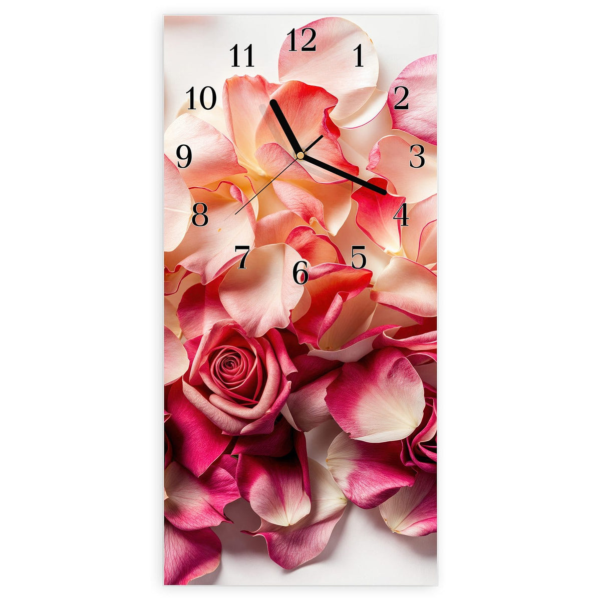 Wanduhr aus Glas, Ziffernblatt Klassisch: Dicht liegende Rosenblütenblätter in Pink und Creme, eine geöffnete Rose in der Mitte #ziffernblatt_Klassisch