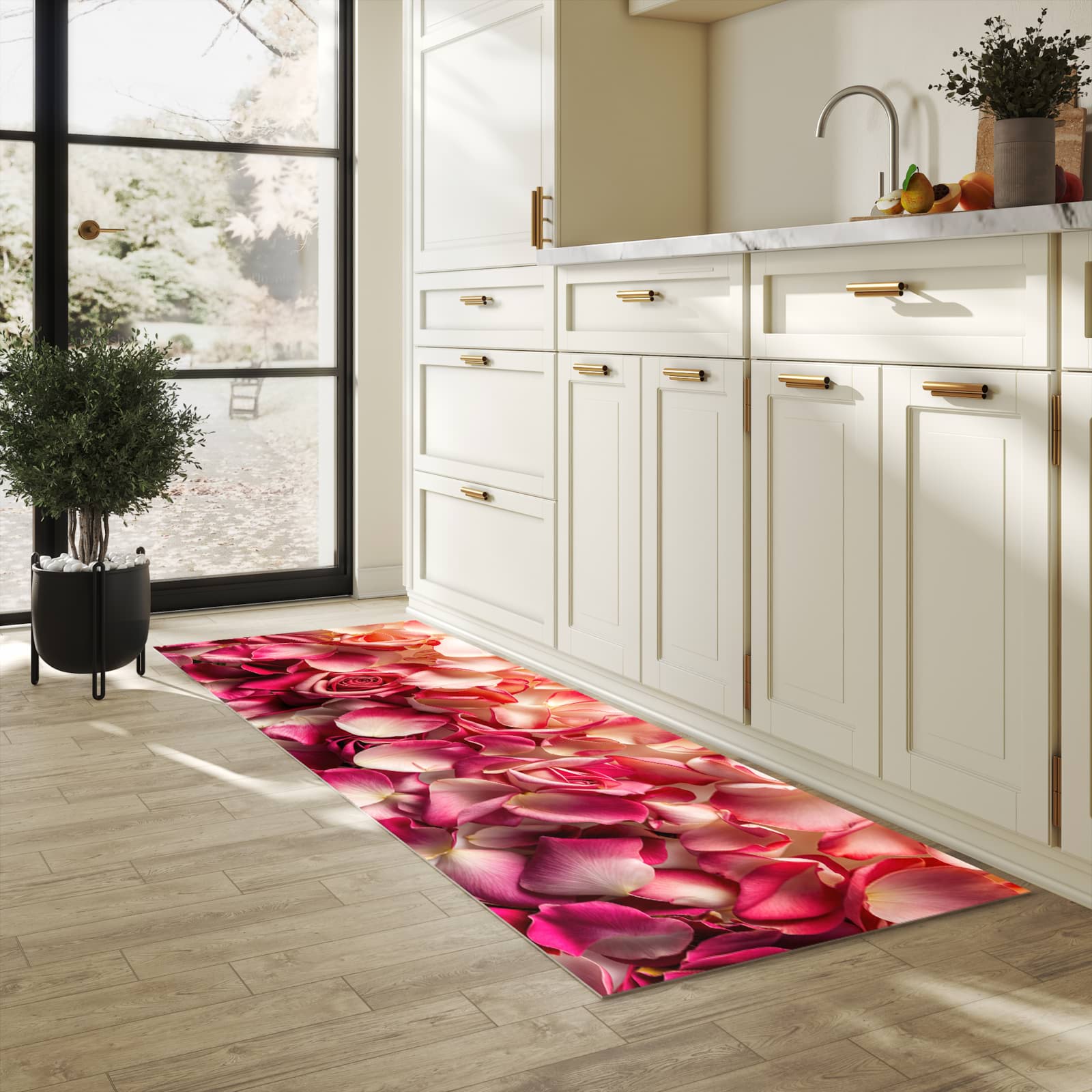 Farbbeständiger Küchenteppich mit Motiv Rosenblätterbuntes Spiel in heller Küche