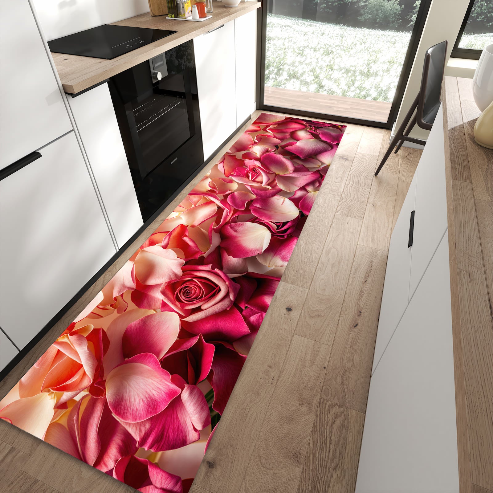 Komfortabler Küchenteppich mit Motiv Rosenblätterbuntes Spiel in moderner Küche - abwaschbar