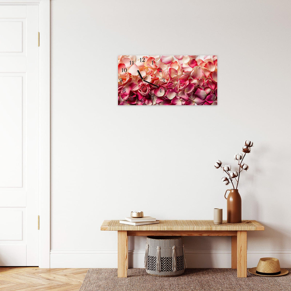 Moderne Wanduhr aus Glas mit Farbtiefe – Wanduhr Rosenblätter Farbenspiel aus Glas – Querformat 60 × 30 cm