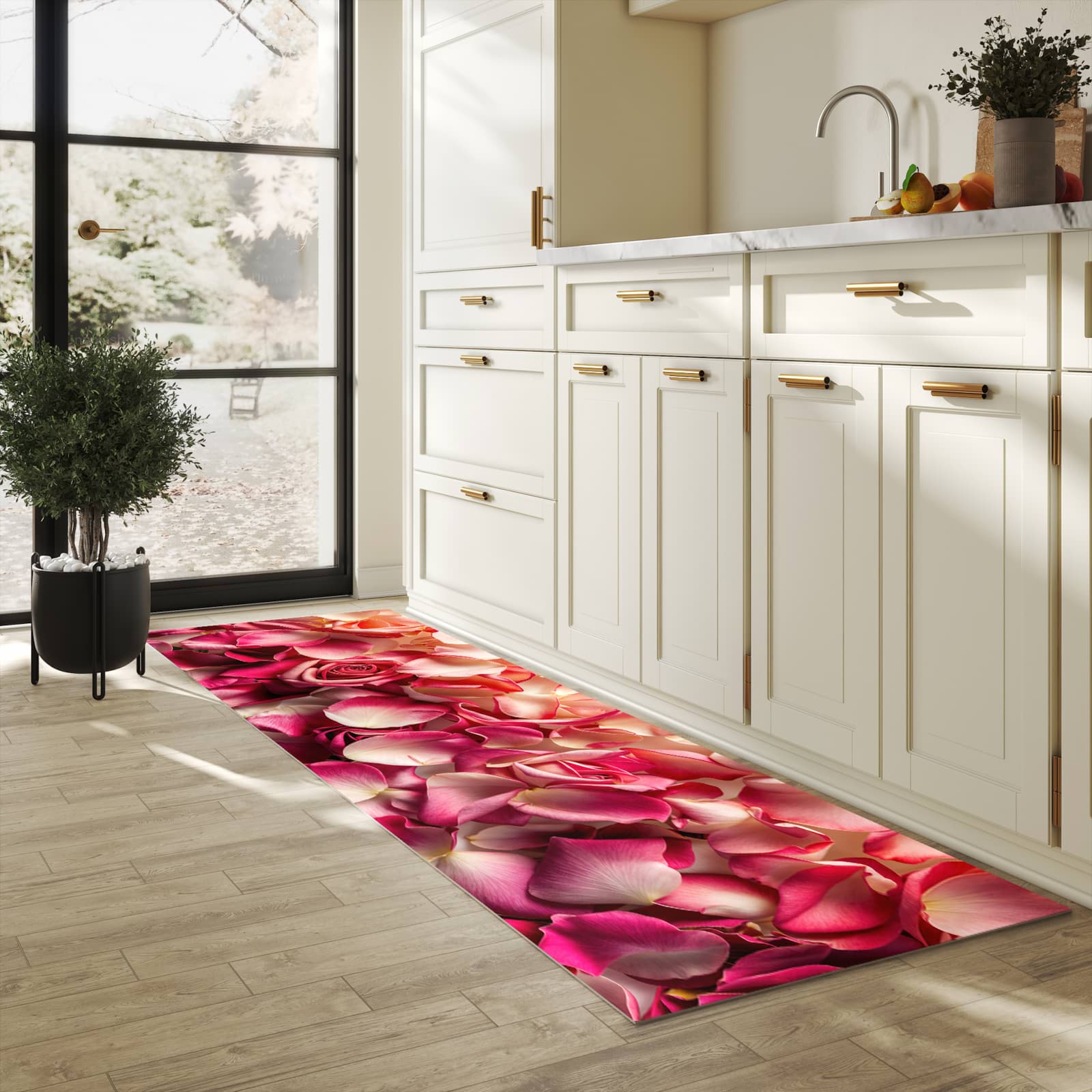 Formstabiler waschbarer Küchenteppich mit Motiv Rosenblätterbuntes Spiel in heller Küche