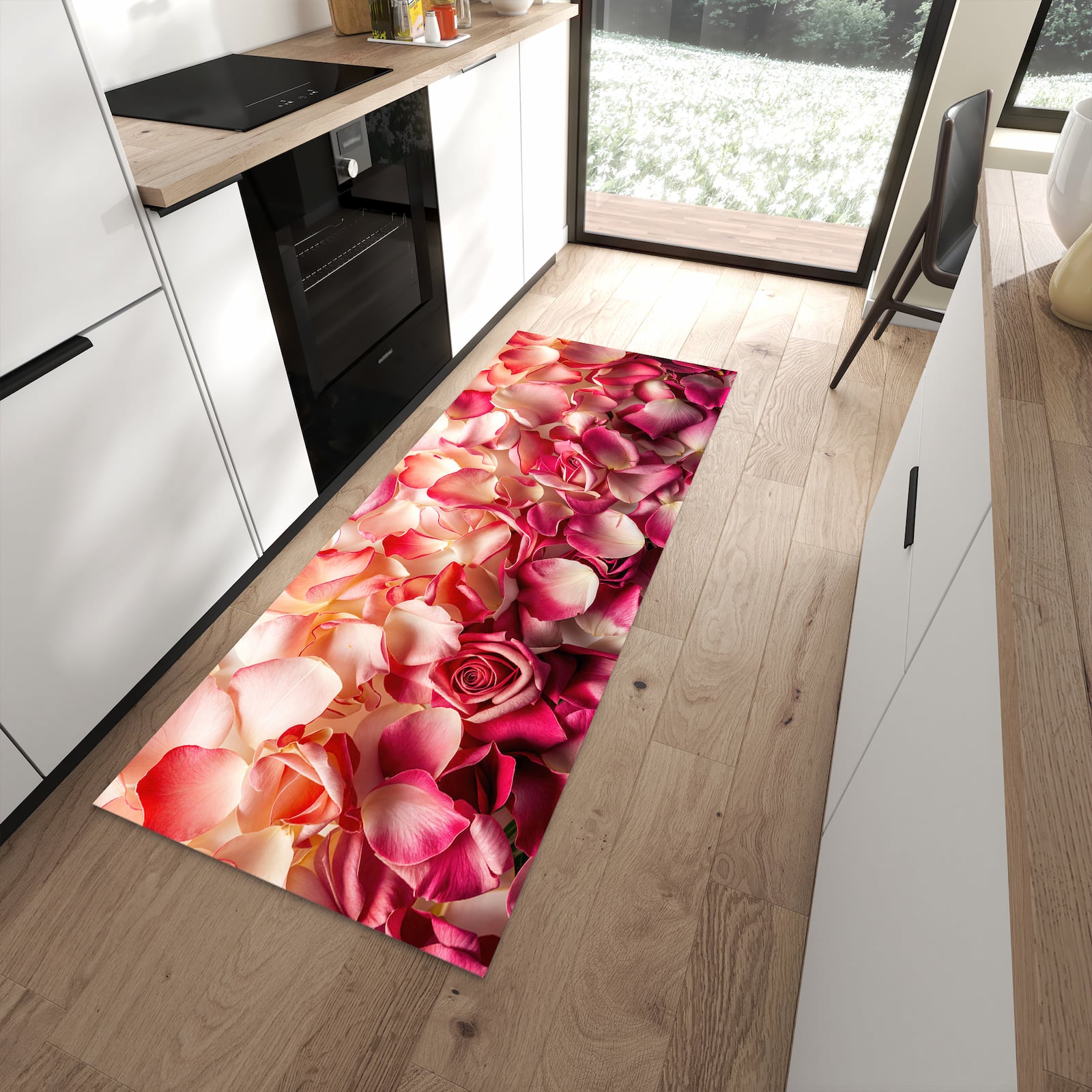 Geräuschdämpfender waschbarer Küchenläufer mit Motiv Rosenblätterbuntes Spiel in moderner Küche