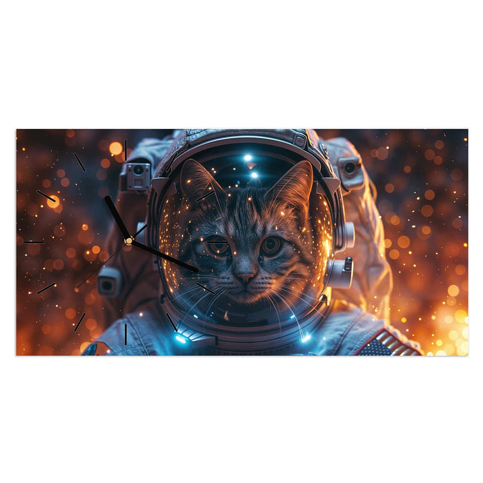Wanduhr Katze im Raumanzug aus Glas – Querformat 60 × 30 cm mit Ziffernblatt Linie