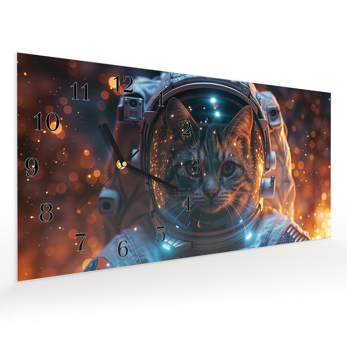 Vormontiert – mit Schwebeeffekt – Wanduhr Katze im Raumanzug aus Glas – Querformat 60 × 30 cm
