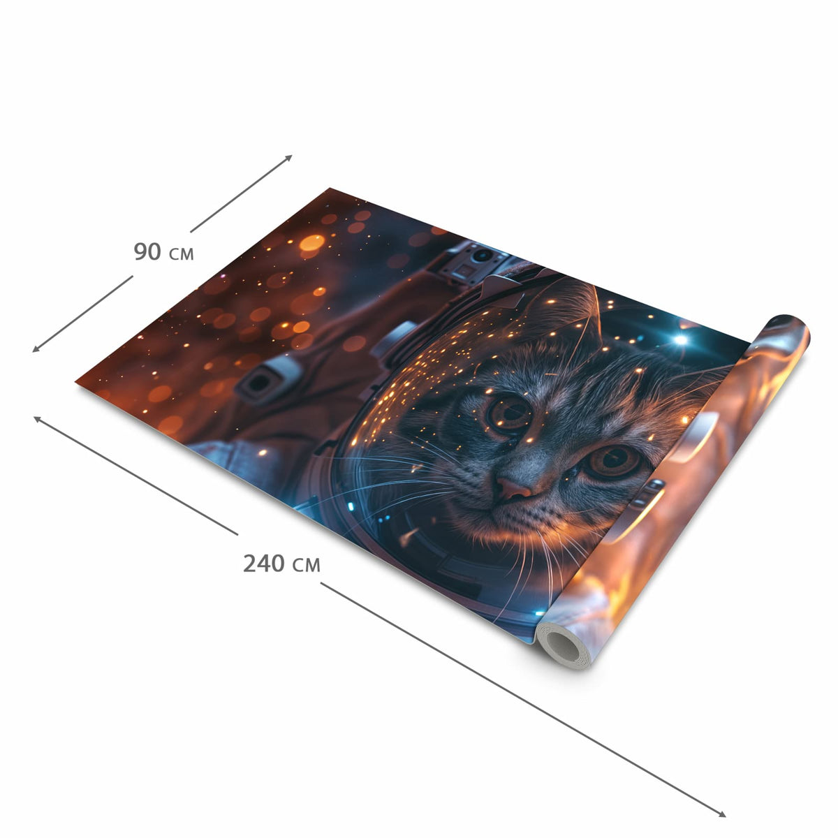 Fleckenresistenter langer Teppich mit Motiv Katze im Raumanzug in der Grösse 90x240 cm