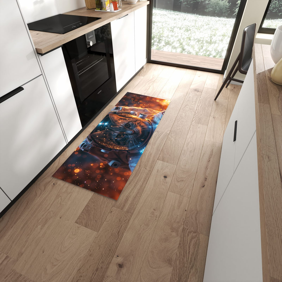 Flacher Küchenteppich mit Motiv Katze im Raumanzug in moderner Küche - waschbar #grösse_60 x 150 cm