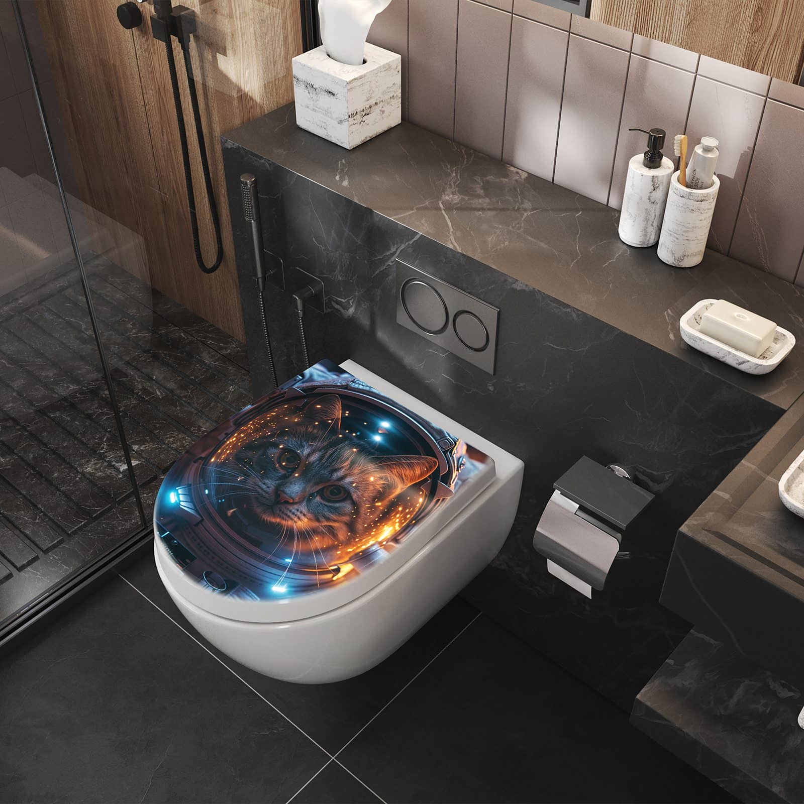 WC-Sitz mit Absenkautomatik Katze im Raumanzug