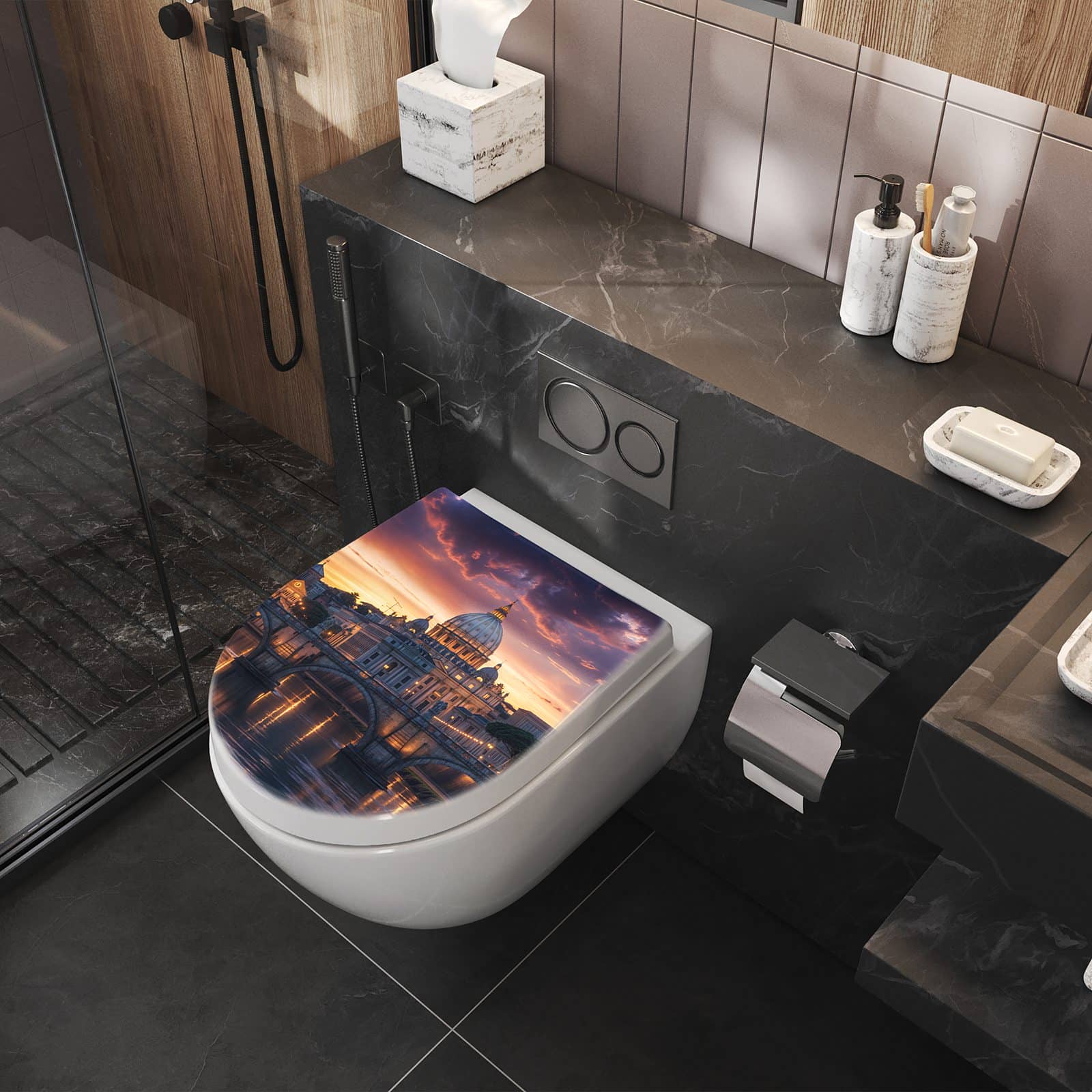 WC-Sitz mit Absenkautomatik Abend in der Stadt