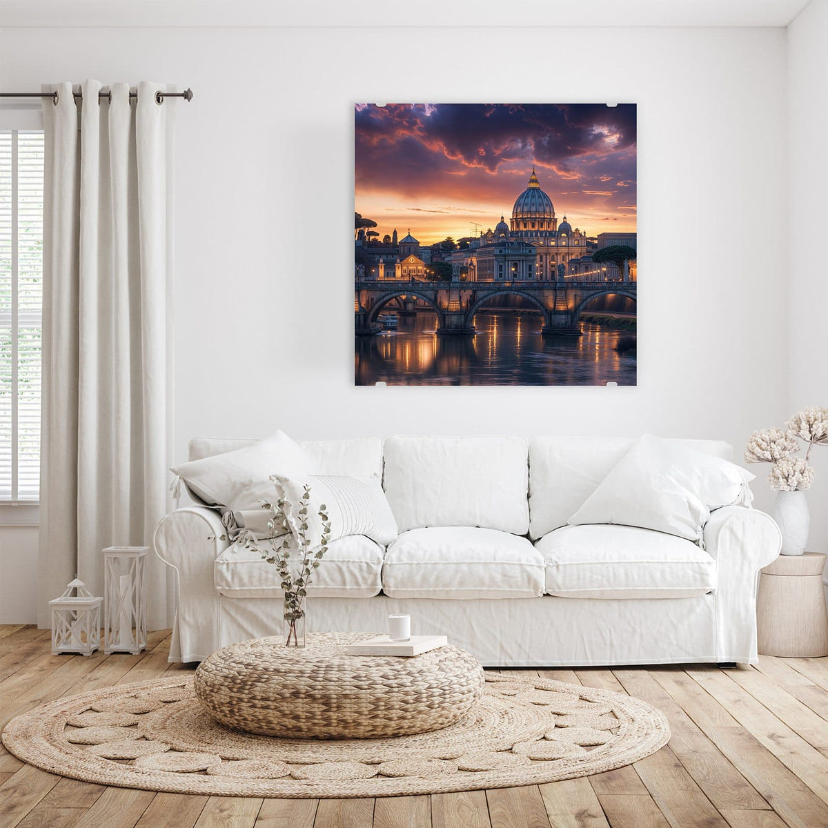 Rom im Sonnenuntergang: Kuppel des Petersdoms, Tiberbrücke mit Bögen, violett-orange Wolken