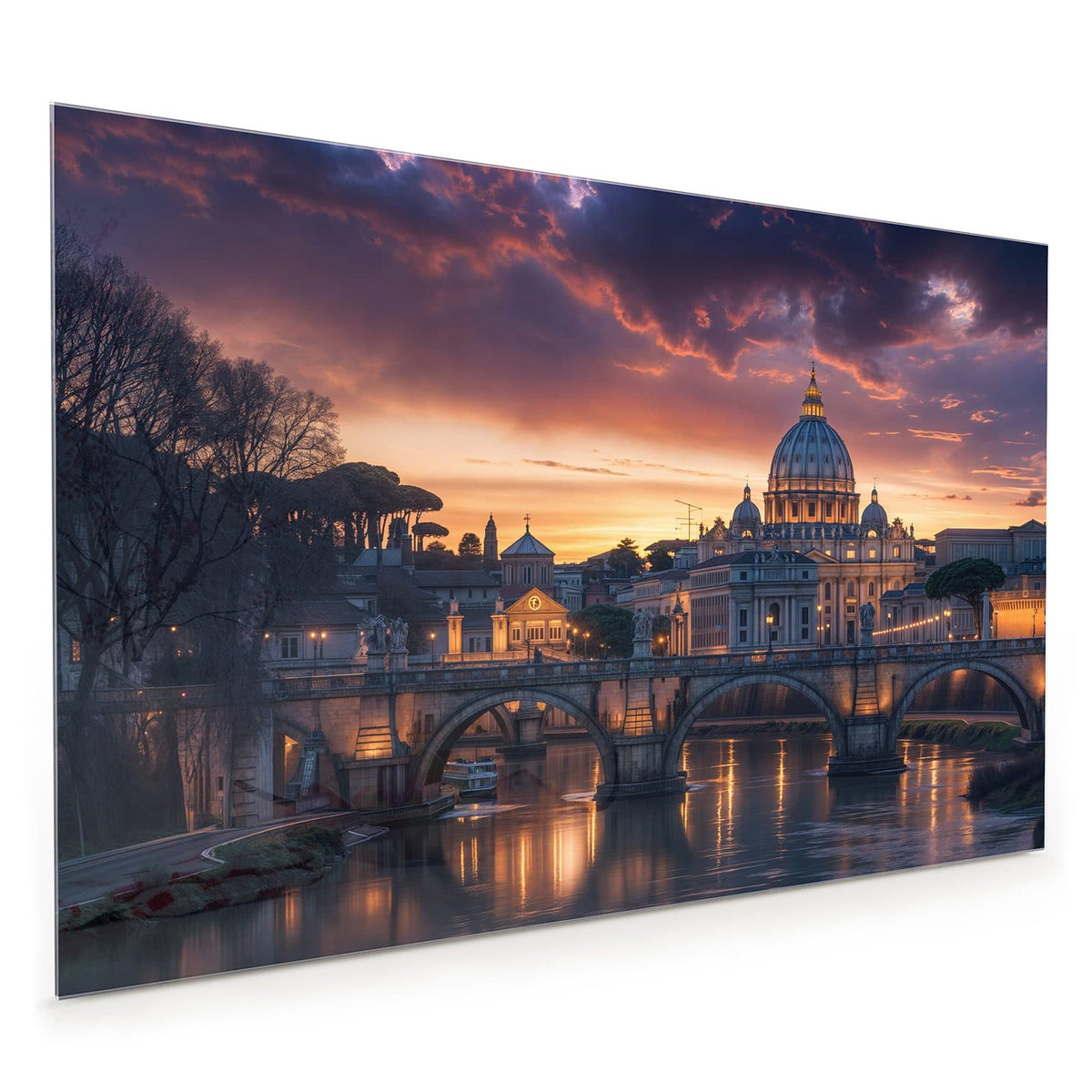 Küchenrückwand aus Glas im Hochformat mit Motiv Rom im Abendlicht: Rom im Sonnenuntergang: Kuppel des Petersdoms, Tiberbrücke mit Bögen, violett-orange Wolken