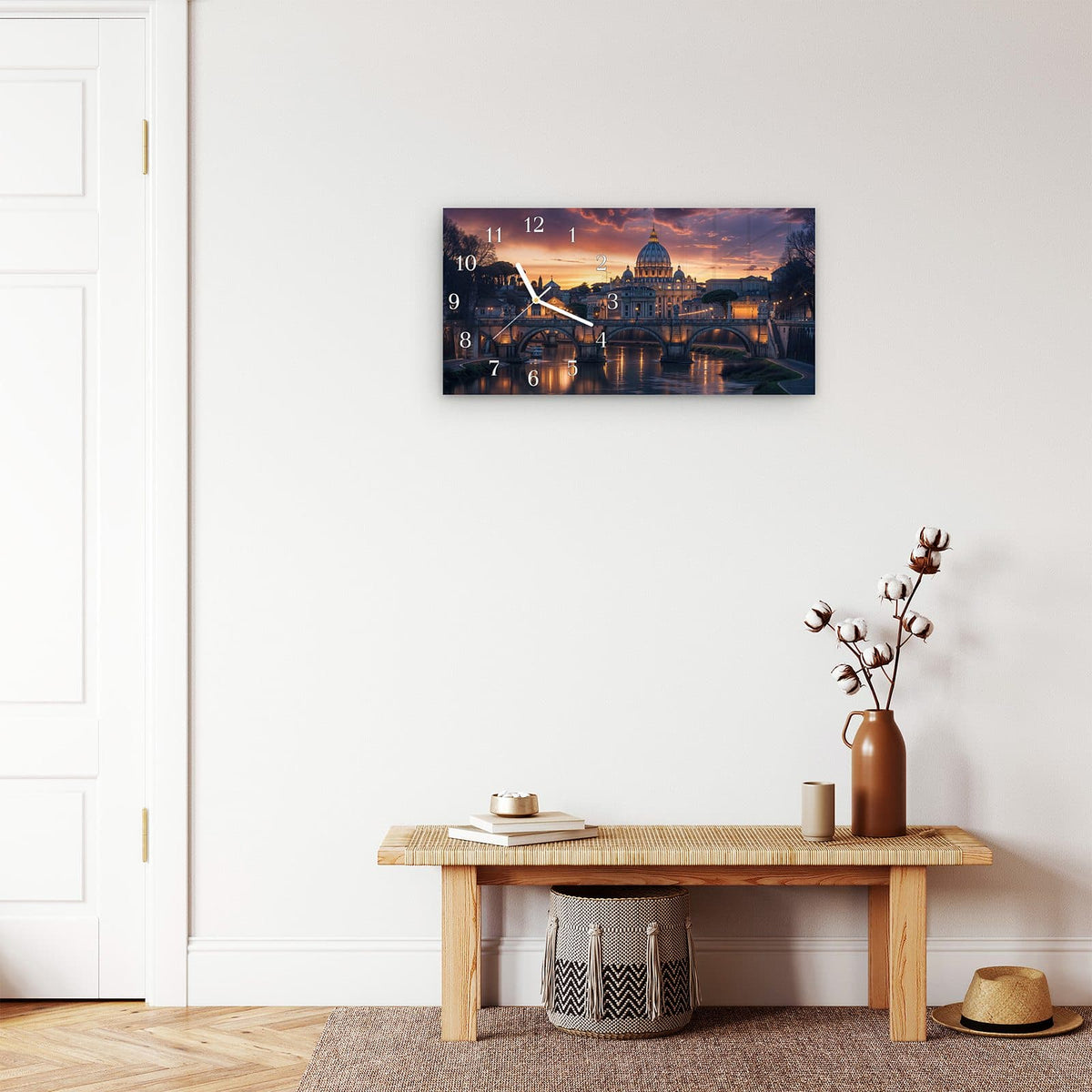 Moderne Wanduhr aus Glas mit Farbtiefe – Wanduhr Abend in der Stadt aus Glas – Querformat 60 × 30 cm