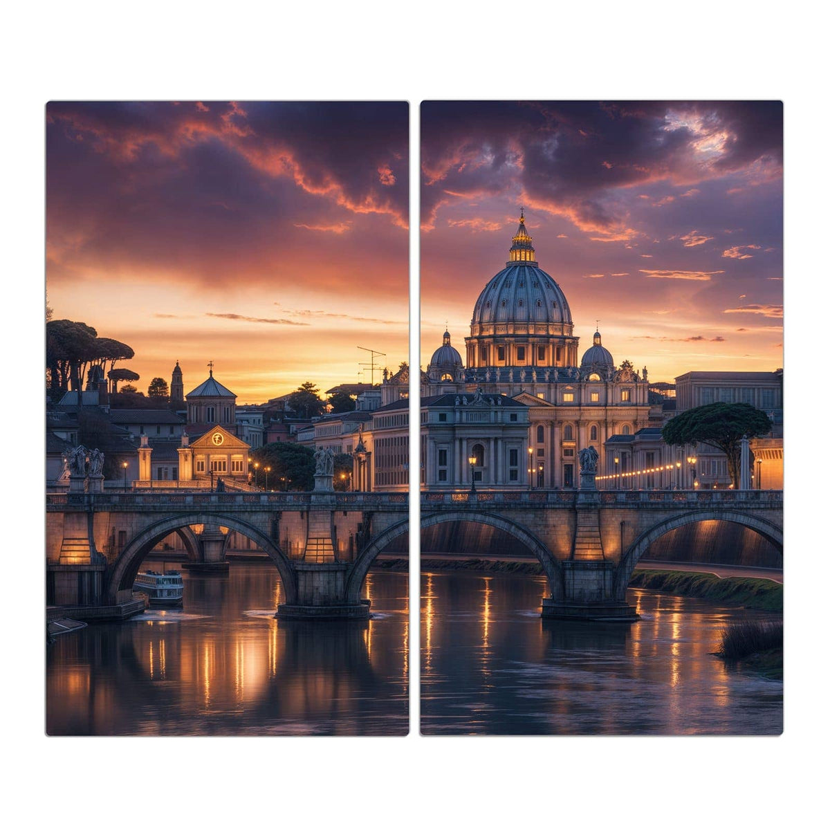 Rom im Sonnenuntergang: Kuppel des Petersdoms, Tiberbrücke mit Bögen, violett-orange Wolken