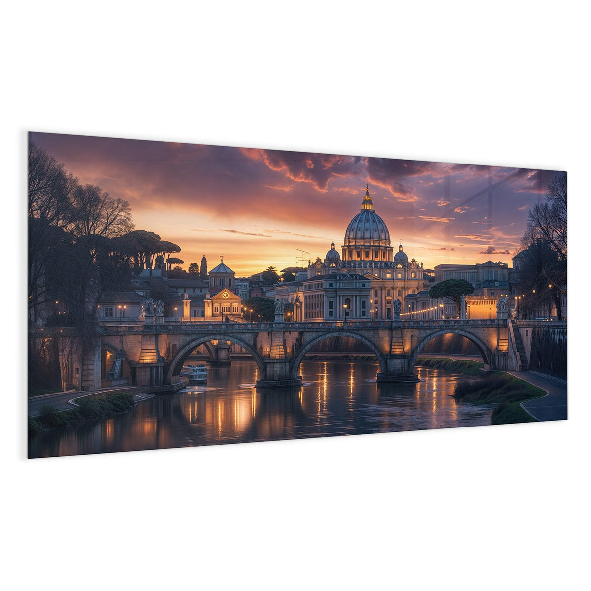 Rom im Sonnenuntergang: Kuppel des Petersdoms, Tiberbrücke mit Bögen, violett-orange Wolken