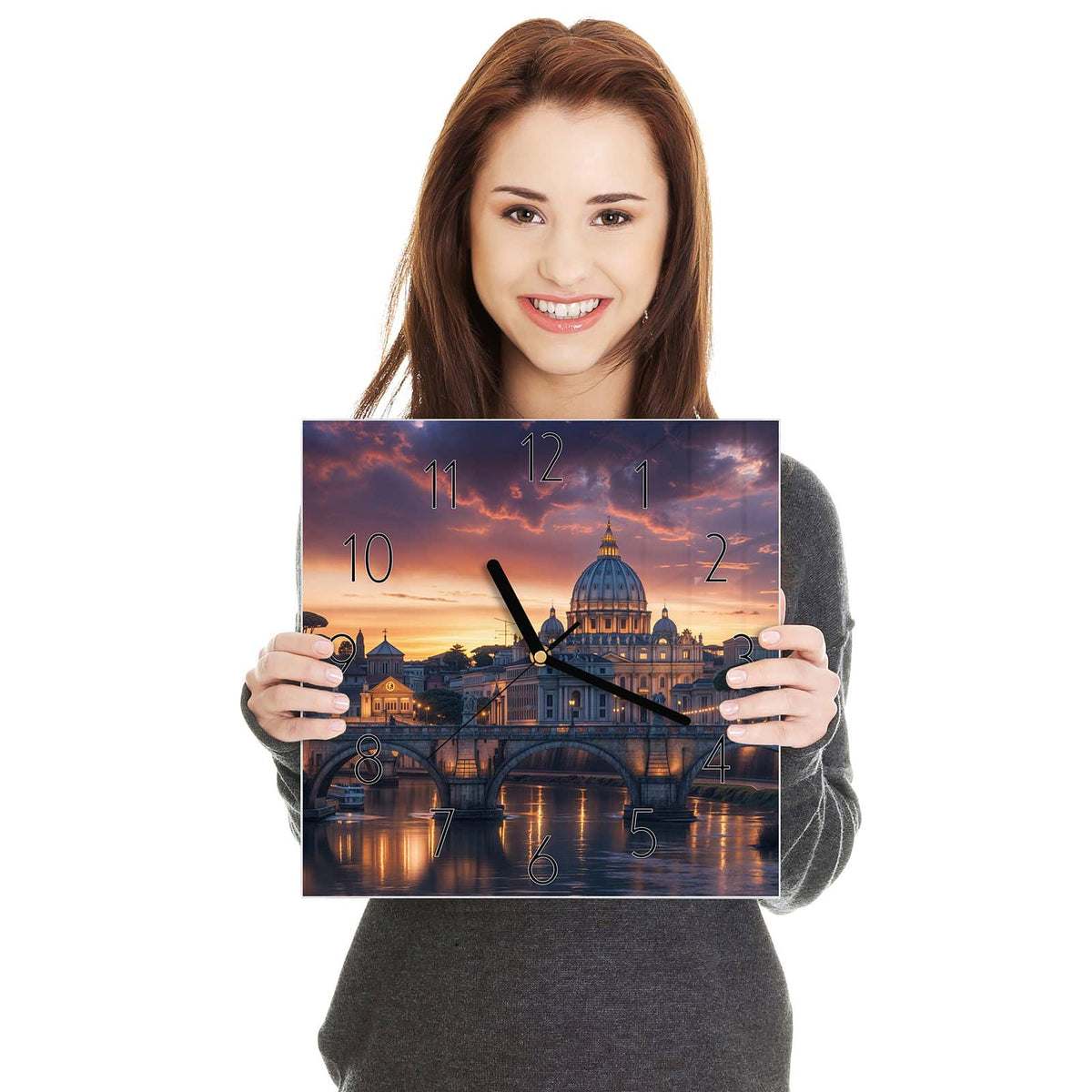 Rom im Sonnenuntergang: Kuppel des Petersdoms, Tiberbrücke mit Bögen, violett-orange Wolken