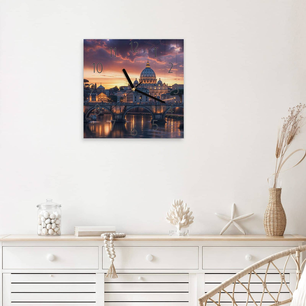 Wanduhr Rom im Abendlicht aus Glas – Quadratisch 30 × 30 cm – Kuppel und Brücke im Abendrot