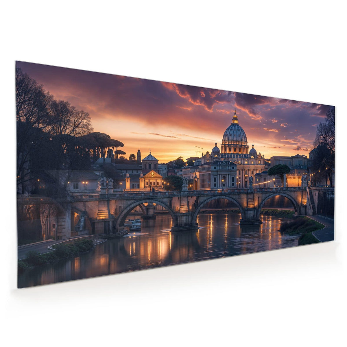 Rom im Sonnenuntergang: Kuppel des Petersdoms, Tiberbrücke mit Bögen, violett-orange Wolken