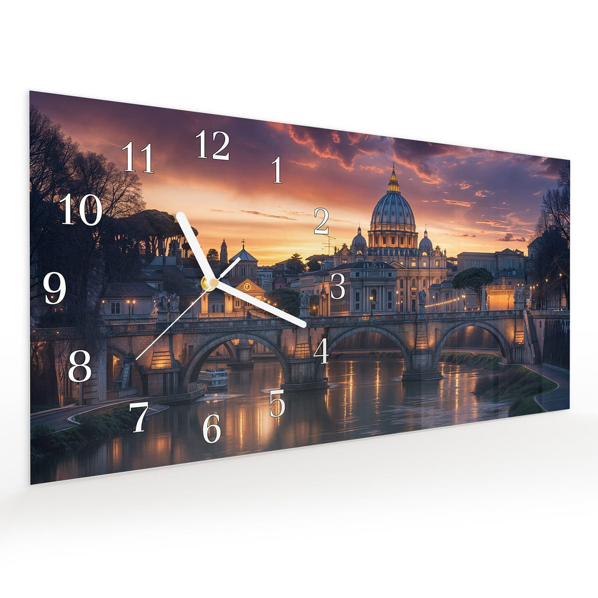 Vormontiert – mit Schwebeeffekt – Wanduhr Abend in der Stadt aus Glas – Querformat 60 × 30 cm