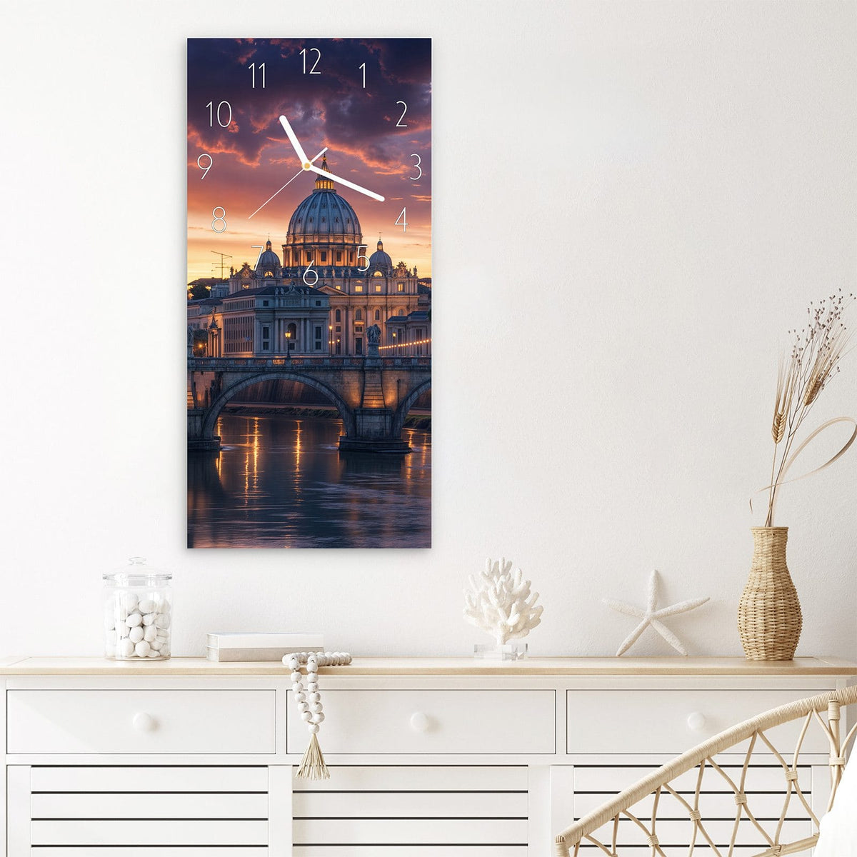 Wanduhr Rom im Abendlicht aus Glas – Hochformat 30 × 60 cm – Kuppel und Brücke im Abendrot