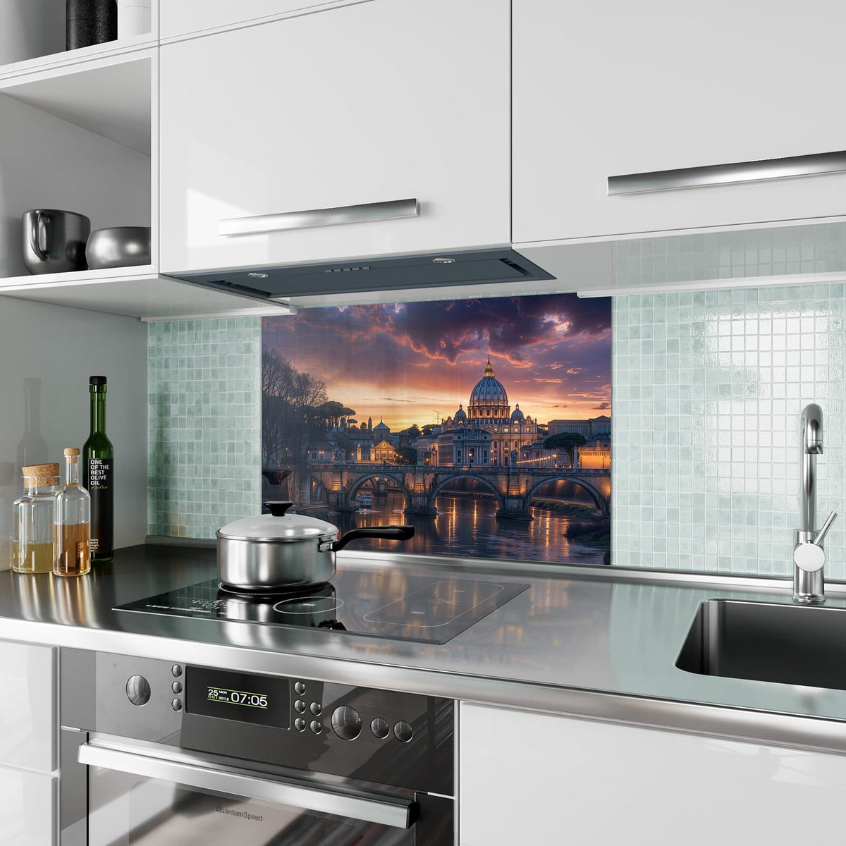 Küchenrückwand aus Glas Rom im Abendlicht im Hochformat als Spritzschutz hinter dem Kochfeld, über dem Fliesenspiegel montiert