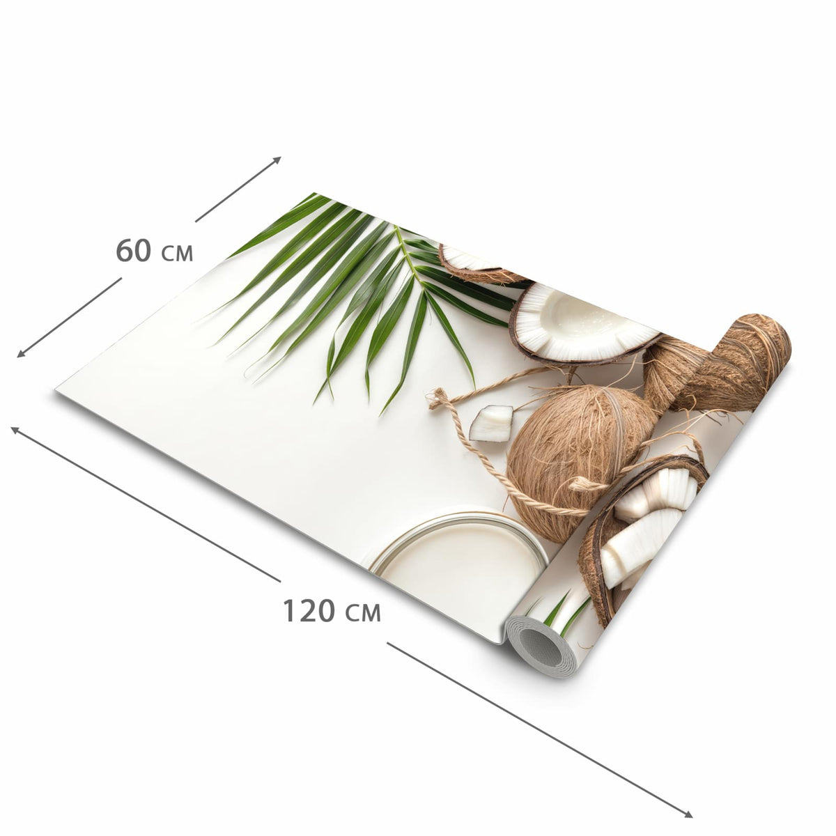 Bodenschonender waschbarer Küchenteppich mit Motiv Kokosnüsse und Blätter in der Grösse 80x300 cm
