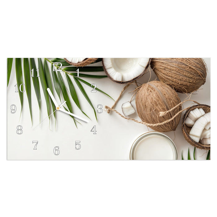 Wanduhr Kokosnüsse und Blätter aus Glas – Querformat 60 × 30 cm mit Ziffernblatt Klassisch