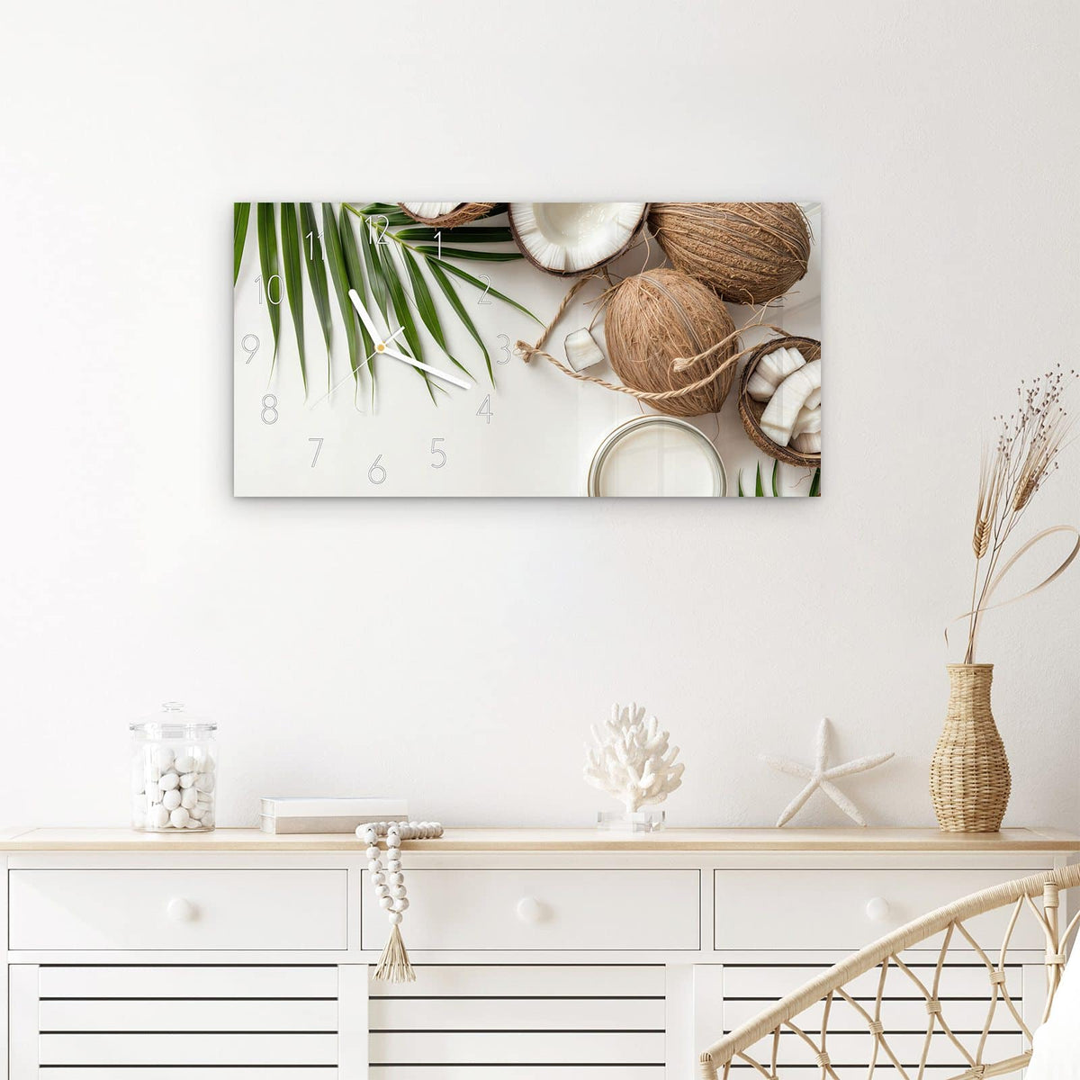Wanduhr Kokosnüsse und Blätter aus Glas – Querformat 60 × 30 cm – Kokosnüsse zwischen Palmblättern