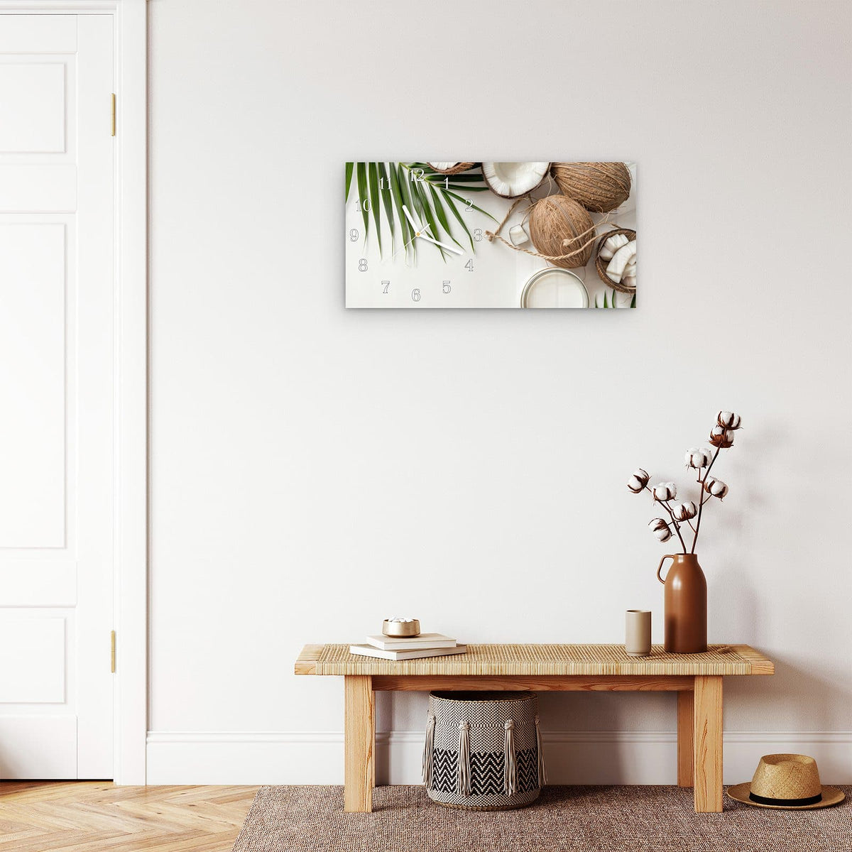 Moderne Wanduhr aus Glas mit Farbtiefe – Wanduhr Kokosnüsse und Blätter aus Glas – Querformat 60 × 30 cm