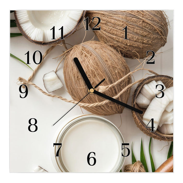 Wanduhr Kokosnüsse und Blätter aus Glas – Quadratisch 30 × 30 cm mit Ziffernblatt Klassisch
