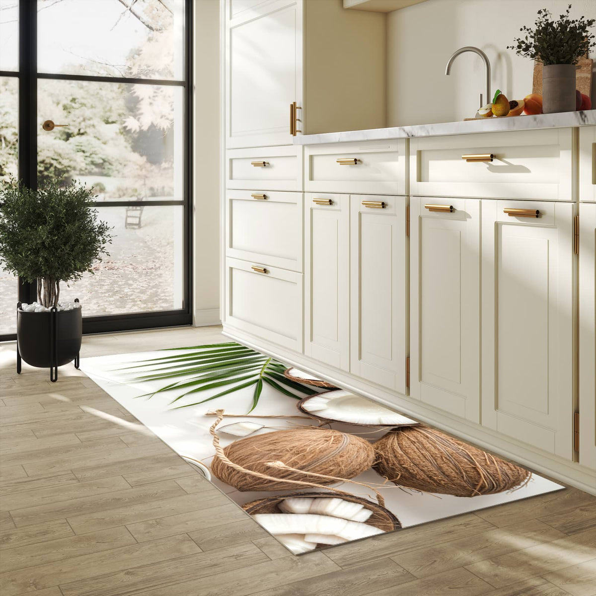 Abwaschbarer Küchenteppich mit Motiv Kokosnüsse und Blätter in heller Küche