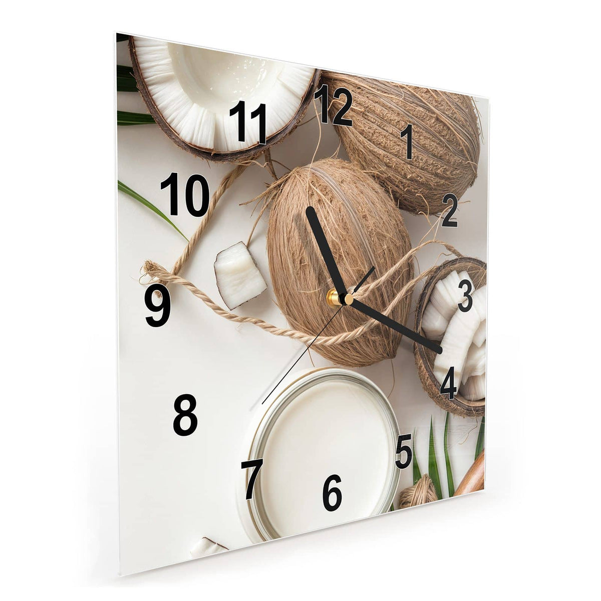 Vormontiert – mit Schwebeeffekt – Wanduhr Kokosnüsse und Blätter aus Glas – Quadratisch 30 × 30 cm