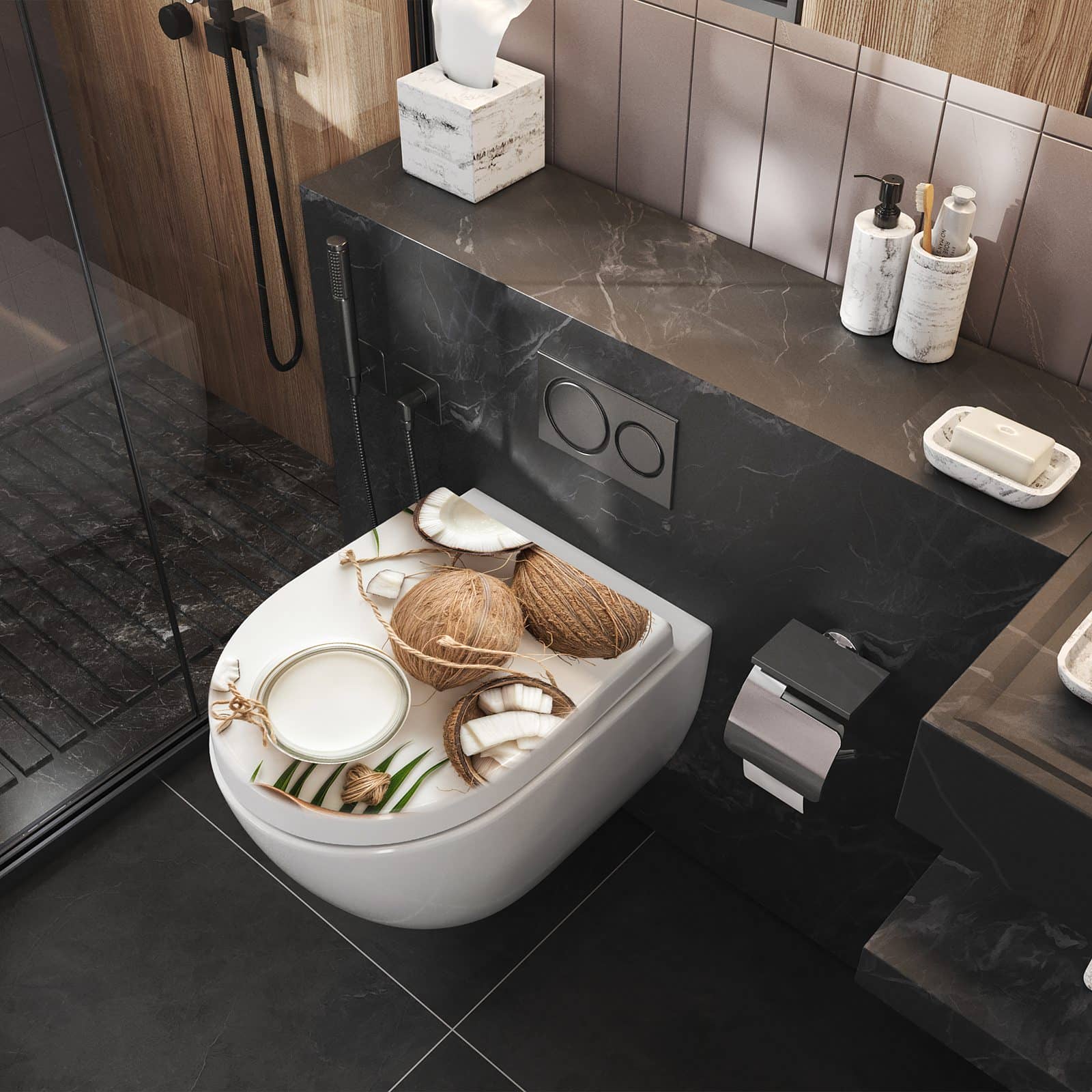 WC-Sitz mit Absenkautomatik Kokosnüsse und Blätter